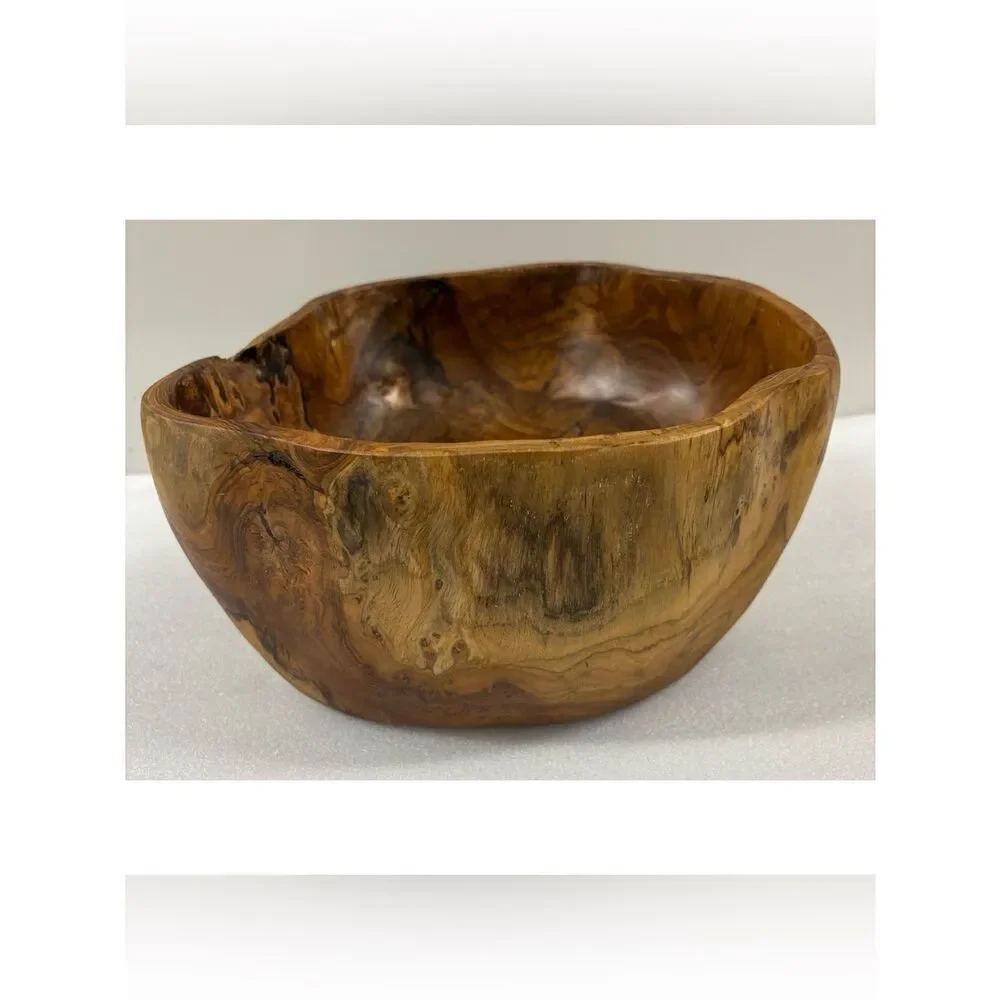 Vintage Pottery Barn Organic Teak Carved Wood Decorative Bowl - Natural Brown